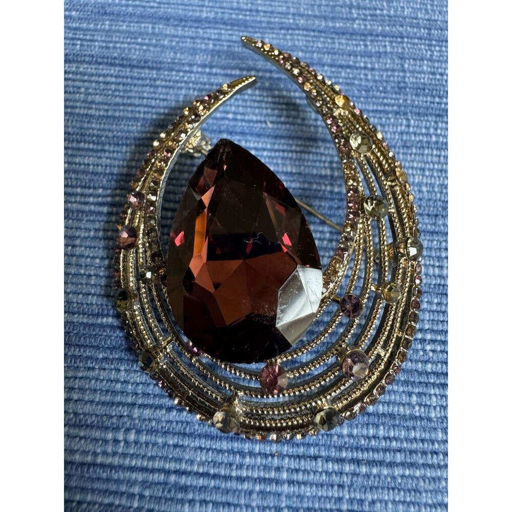 Large Amethyst Purple Rhinestone Swirl Brooch Pin Gunmetal Tone Vintage Style